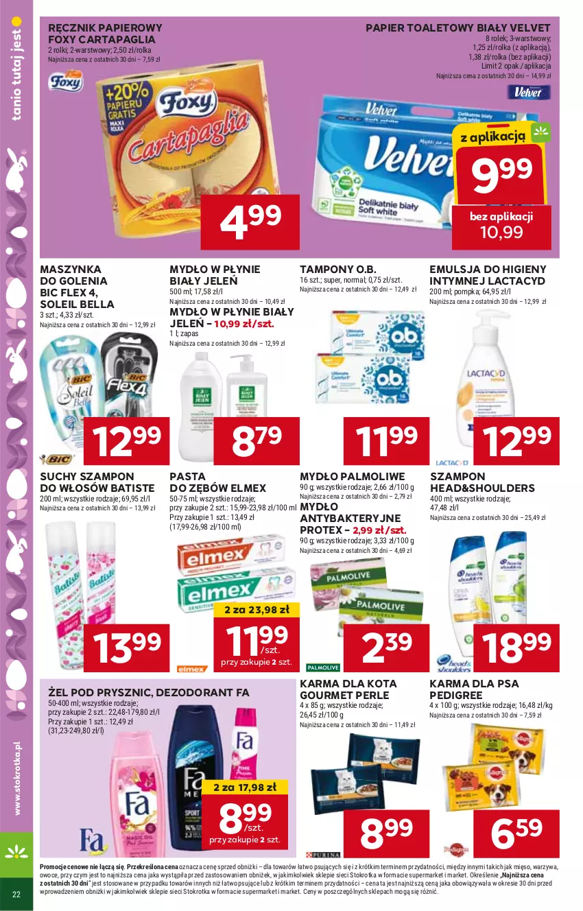 Gazetka promocyjna Stokrotka - Supermarket - ważna 21.03 do 26.03.2024 - strona 25 - produkty: Batiste, Bell, Bella, Biały Jeleń, BIC, Dezodorant, Elmex, Emulsja, Fa, Foxy, Lactacyd, Maszynka, Maszynka do golenia, Mydło, Mydło w płynie, O.B., Papier, Papier toaletowy, Pasta do zębów, Pedigree, Ręcznik, Suchy szampon, Szampon, Szynka, Tampony, Velvet