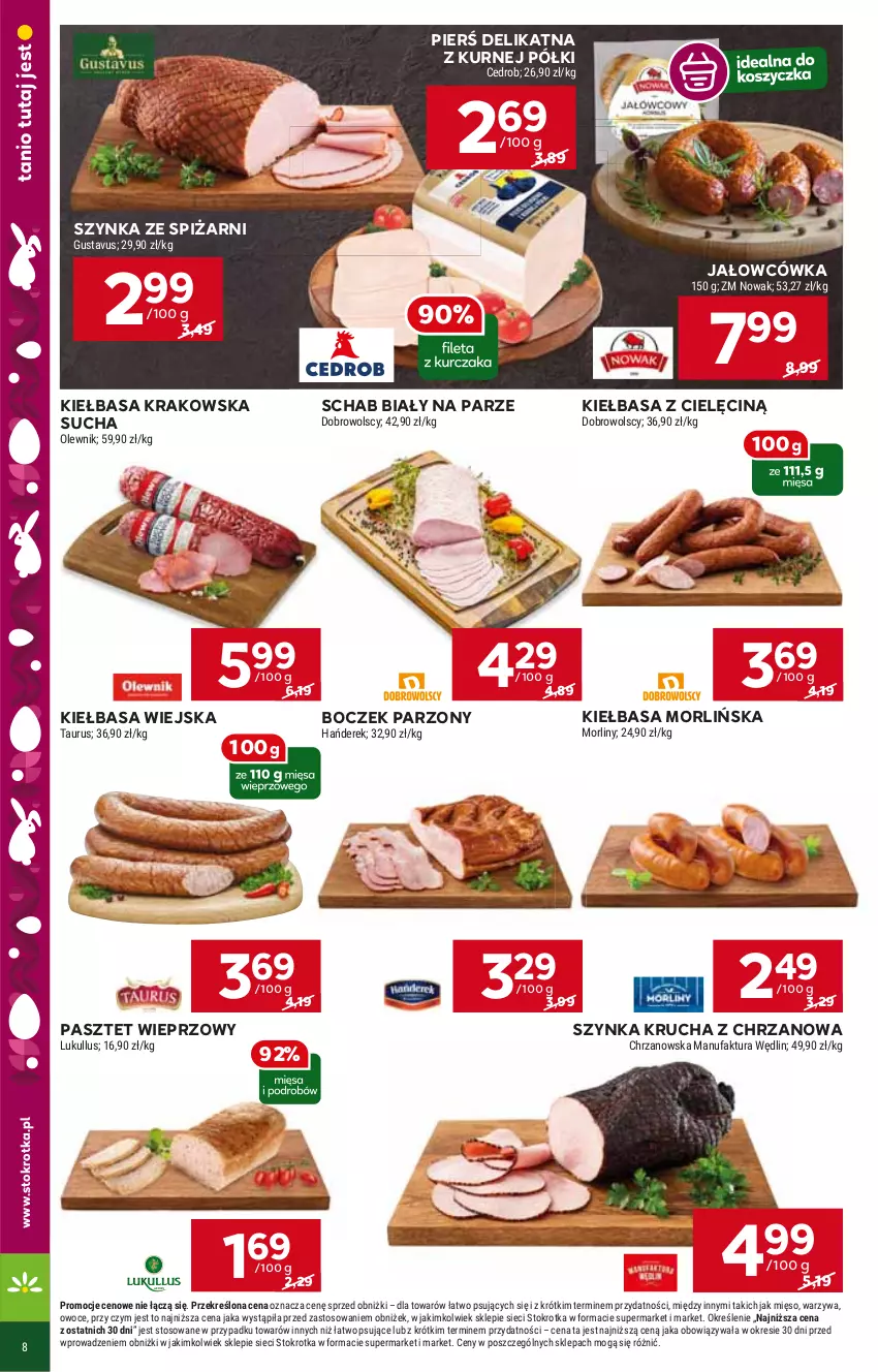 Gazetka promocyjna Stokrotka - Supermarket - ważna 21.03 do 26.03.2024 - strona 8 - produkty: Boczek, Chrzan, Kiełbasa, Kiełbasa krakowska, Kiełbasa wiejska, Pasztet, Szynka