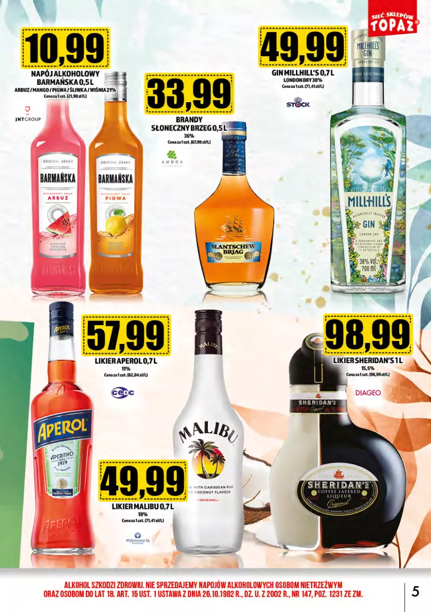 Gazetka promocyjna Topaz - Gazetka - ważna 01.08 do 31.08.2024 - strona 5 - produkty: Aperol, Arbuz, Brandy, Gin, Likier, Malibu, Mango, Napój