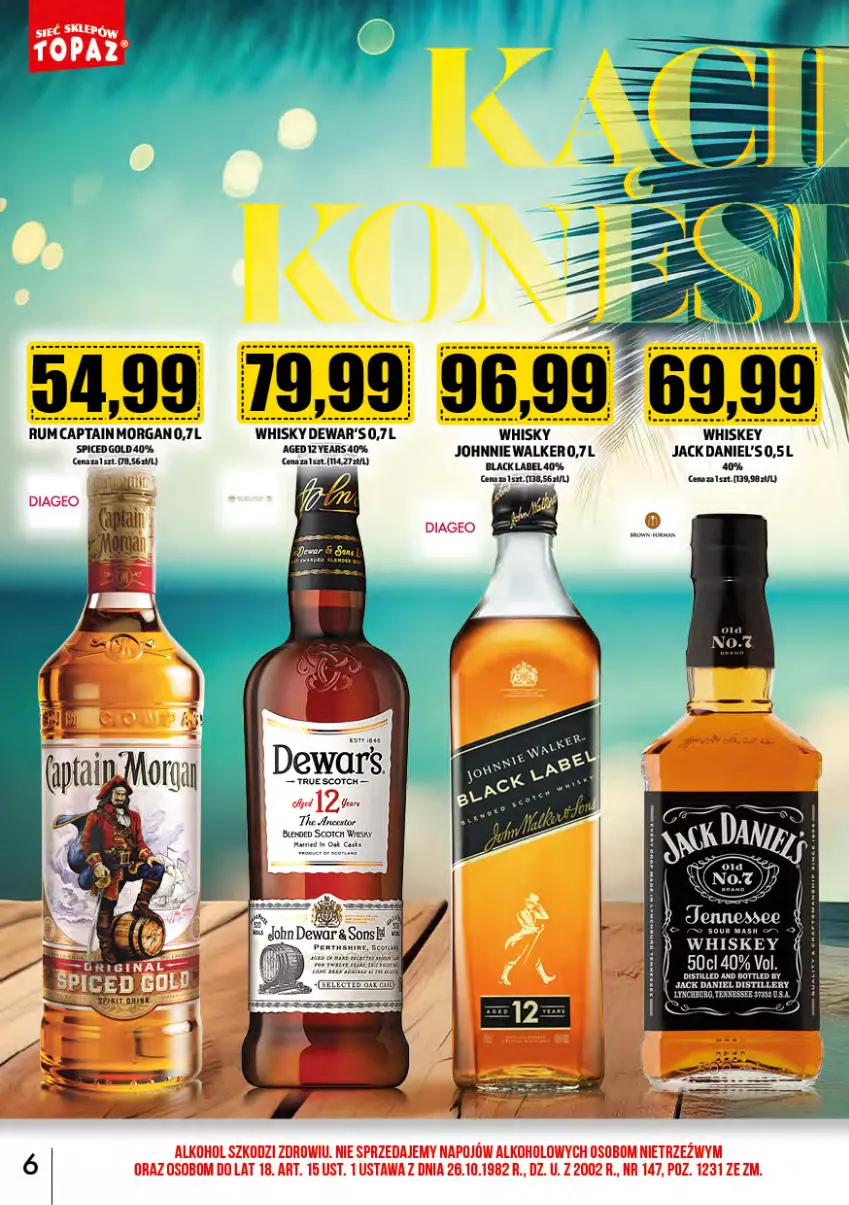 Gazetka promocyjna Topaz - Gazetka - ważna 01.08 do 31.08.2024 - strona 6 - produkty: Captain Morgan, Jack Daniel's, Johnnie Walker, Lack, Rum, Whiskey, Whisky