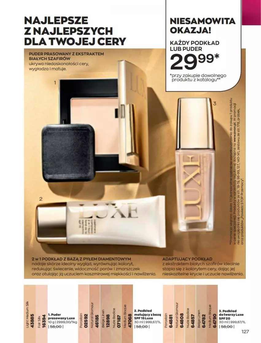 Gazetka promocyjna Avon - Katalog Avon 3/2022 kampania marzec - ważna 01.03 do 31.03.2022 - strona 127 - produkty: Podkład, Puder, Puder prasowany, Sos, Top