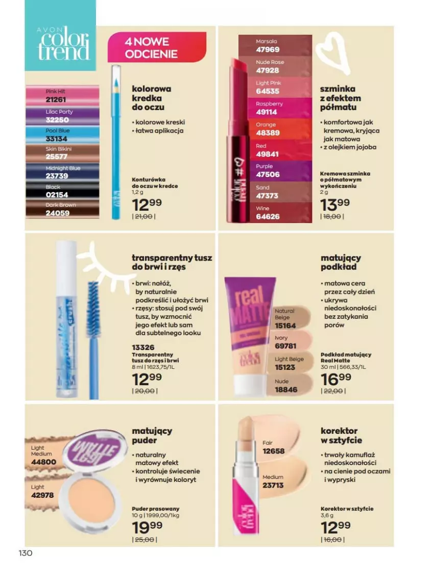 Gazetka promocyjna Avon - Katalog Avon 3/2022 kampania marzec - ważna 01.03 do 31.03.2022 - strona 130 - produkty: Bikini, Inka, Konturówka do oczu, Kredka, Olej, Podkład, Podkład matujący, Por, Puder, Puder prasowany, Ser, Szminka, Tran, Tusz