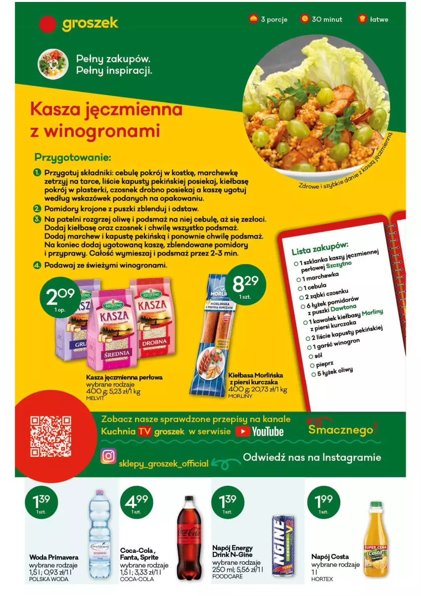 Gazetka promocyjna Groszek - Gazetka - ważna 21.10 do 02.11.2021 - strona 2 - produkty: Coca-Cola, Czosnek, Fa, Fanta, Gin, Gra, Groszek, Hortex, Kasza, Kasza jęczmienna, Kiełbasa, Kuchnia, Kurczak, Melvit, Morliny, Napój, Plasterki, Pomidory, Pomidory krojone, Prima, Primavera, Przyprawy, Ser, Sprite, Wino, Winogrona, Woda