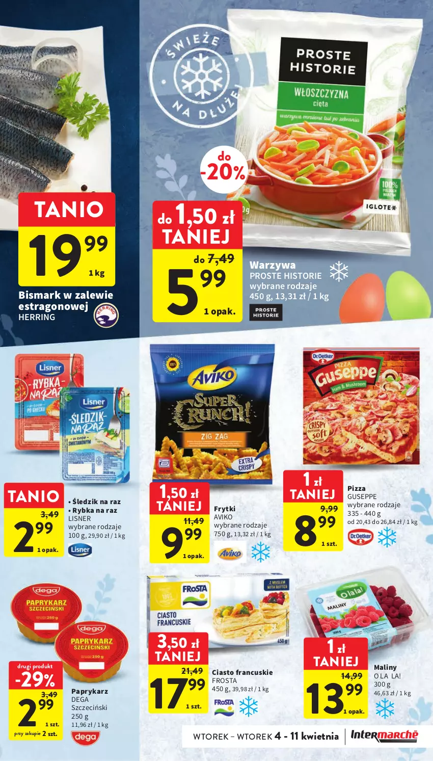 Gazetka promocyjna Intermarche - Gazetka Intermarche - ważna 04.04 do 11.04.2023 - strona 33 - produkty: Ciasto francuskie, Dega, Frosta, Frytki, Lisner, Maliny, Papryka, Paprykarz, Pizza, Rybka na raz, Warzywa