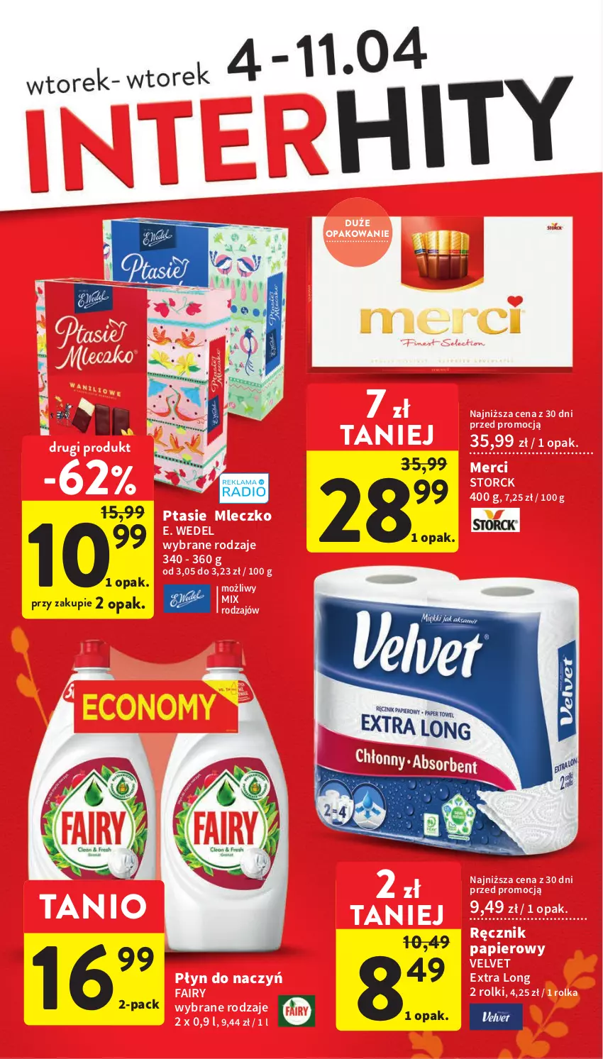 Gazetka promocyjna Intermarche - Gazetka Intermarche - ważna 04.04 do 11.04.2023 - strona 4 - produkty: E. Wedel, Fa, Fairy, Merci, Mleczko, Papier, Ptasie mleczko, Ręcznik, Rolki, Velvet