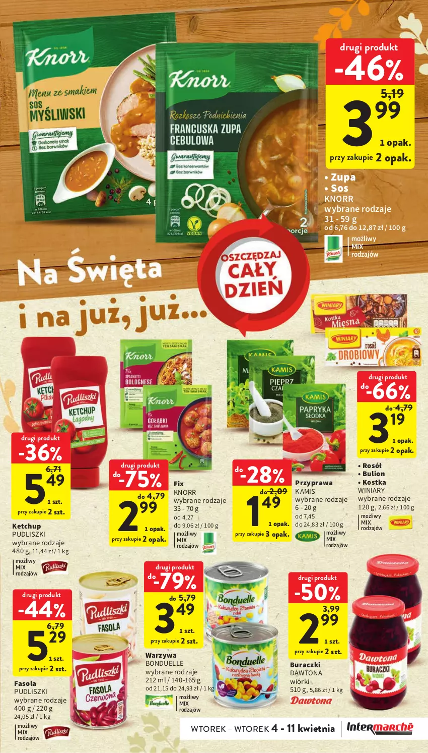 Gazetka promocyjna Intermarche - Gazetka Intermarche - ważna 04.04 do 11.04.2023 - strona 41 - produkty: Bonduelle, Bulion, Buraczki, Dawtona, Fa, Fasola, Kamis, Ketchup, Knorr, Lion, Pudliszki, Rosół, Sos, Warzywa, Winiary, Zupa