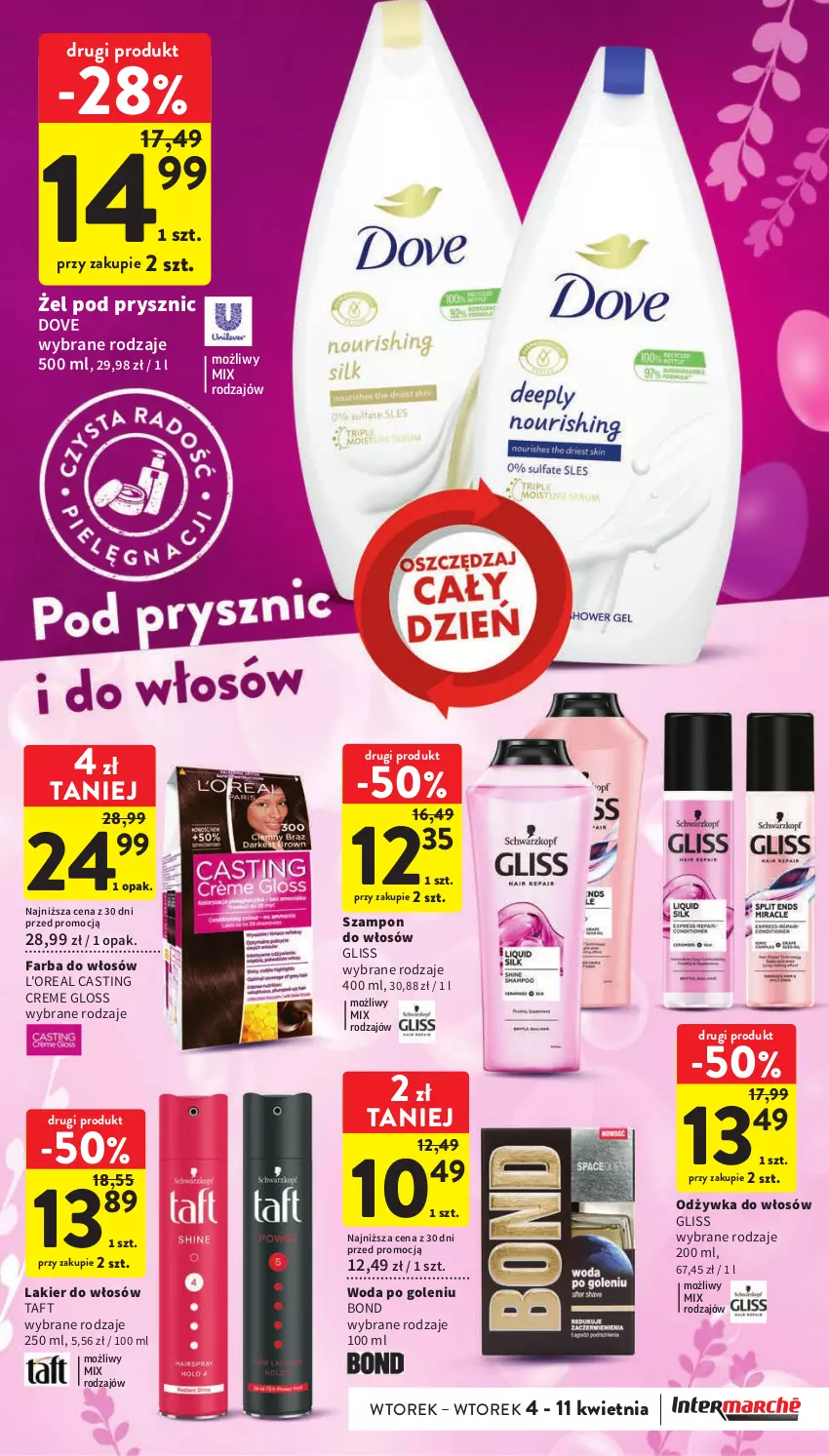 Gazetka promocyjna Intermarche - Gazetka Intermarche - ważna 04.04 do 11.04.2023 - strona 45 - produkty: Dove, Fa, Farba do włosów, Lakier, Lakier do włosów, Odżywka, Szampon, Taft, Woda, Woda po goleniu