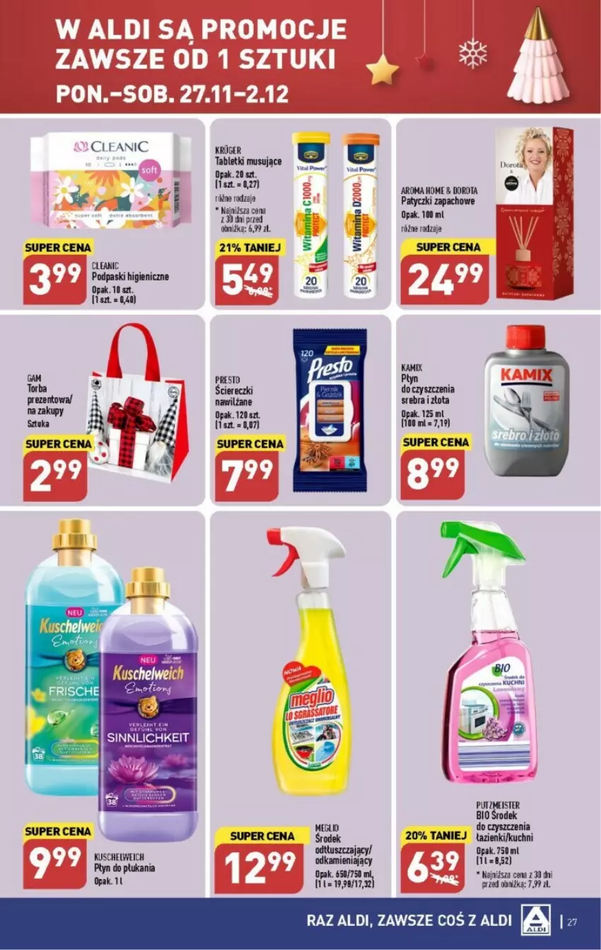 Gazetka promocyjna Aldi - ważna 27.11 do 02.12.2023 - strona 20 - produkty: Cleanic, Mus, Płyn do płukania, Podpaski, Presto, Putzmeister, Tablet, Tabletki musujące, Torba, Tusz