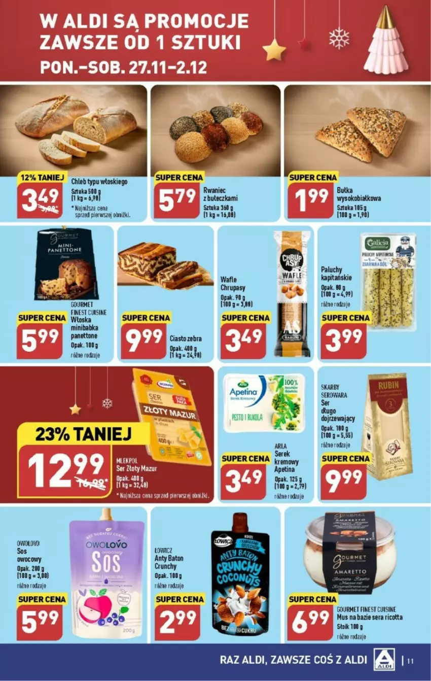 Gazetka promocyjna Aldi - ważna 27.11 do 02.12.2023 - strona 3 - produkty: Babka, Bułka, Chleb, Chleb typu włoskiego, Mus, Ricotta, Ser, Sok, Wafle