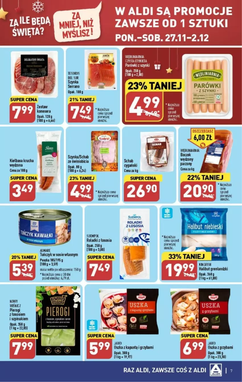 Gazetka promocyjna Aldi - ważna 27.11 do 02.12.2023 - strona 41 - produkty: BIC, Halibut, Kapustą, Kiełbasa, Kiełbasa krucha, Parówki, Pierogi, Ser, Sos, Suempol, Szpinak, Szynka, Tuńczyk