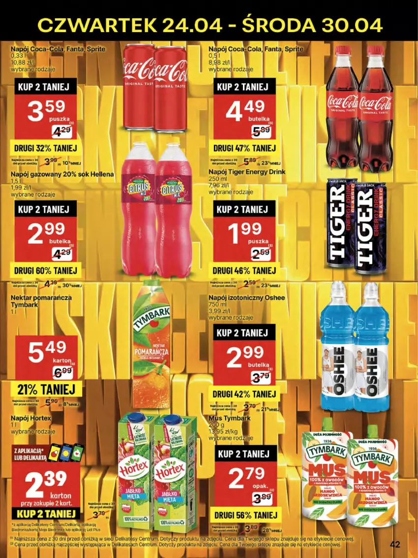 Gazetka promocyjna Delikatesy Centrum - Franczyza DC17 Czwartek - ważna 24.04 do 30.04.2025 - strona 42 - produkty: Dron, Fa, Fanta, Gin, Hortex, Mus, Napój, Napój gazowany, Napój izotoniczny, Nektar, Oshee, Rum, Sok, Sprite, Tymbark