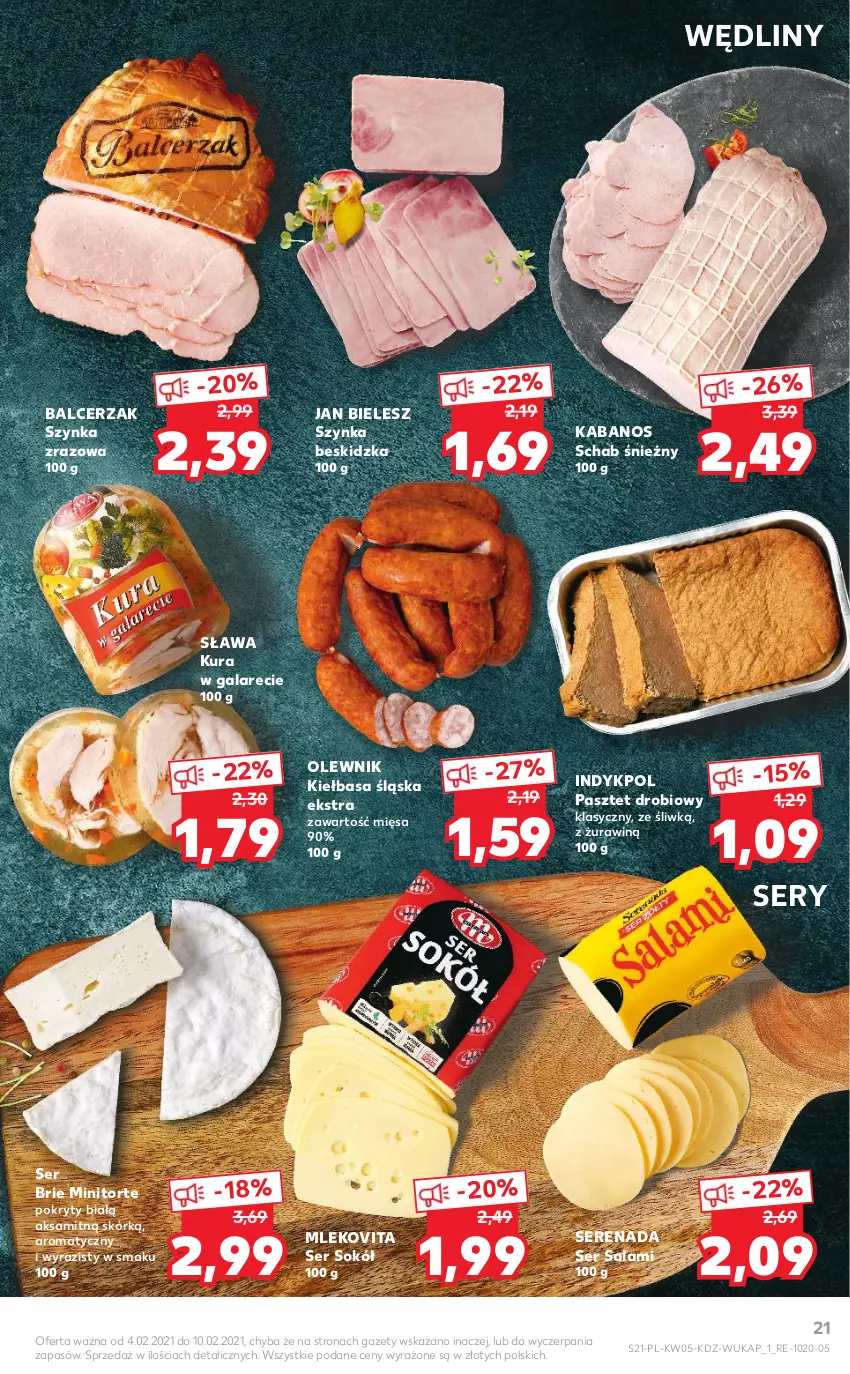 Gazetka promocyjna Kaufland - OFERTA TYGODNIA - ważna 04.02 do 10.02.2021 - strona 21 - produkty: Aksam, Brie, Gala, Kabanos, Kiełbasa, Kiełbasa śląska, Mleko, Mlekovita, Olewnik, Pasztet, Salami, Ser, Ser salami, Sok, Sokół, Szynka