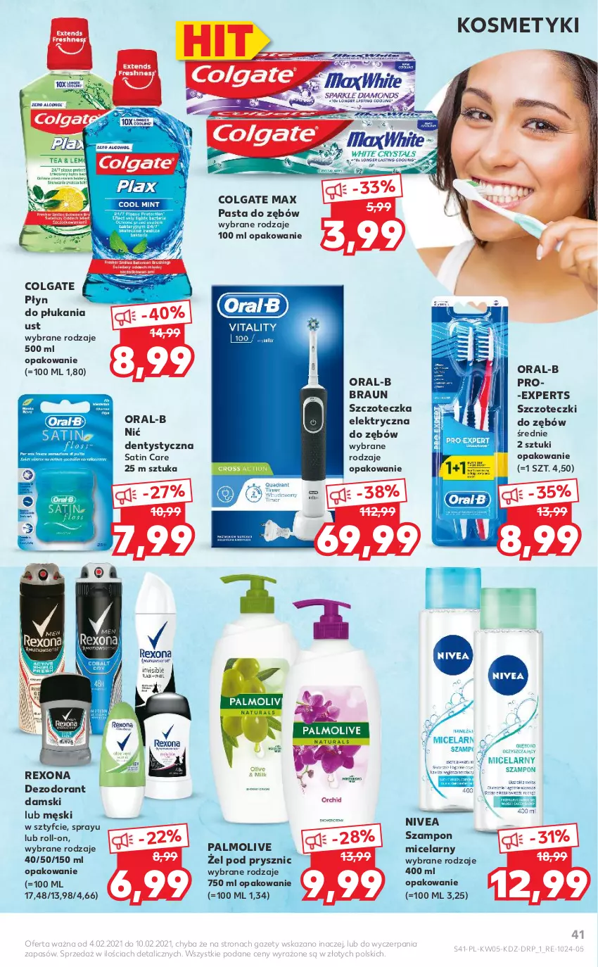 Gazetka promocyjna Kaufland - OFERTA TYGODNIA - ważna 04.02 do 10.02.2021 - strona 41 - produkty: Braun, Colgate, Dezodorant, LG, Nić dentystyczna, Nivea, Palmolive, Pasta do zębów, Płyn do płukania, Rexona, Sati, Szampon, Szczoteczka