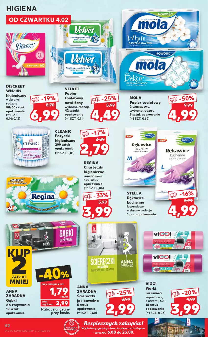 Gazetka promocyjna Kaufland - OFERTA TYGODNIA - ważna 04.02 do 10.02.2021 - strona 42 - produkty: Chusteczki, Cleanic, Discreet, Gin, Mola, Papier, Papier toaletowy, Piec, Rękawice, Rum, Tera, Velvet, Wełna, Wkładki, Worki na śmiec, Worki na śmieci