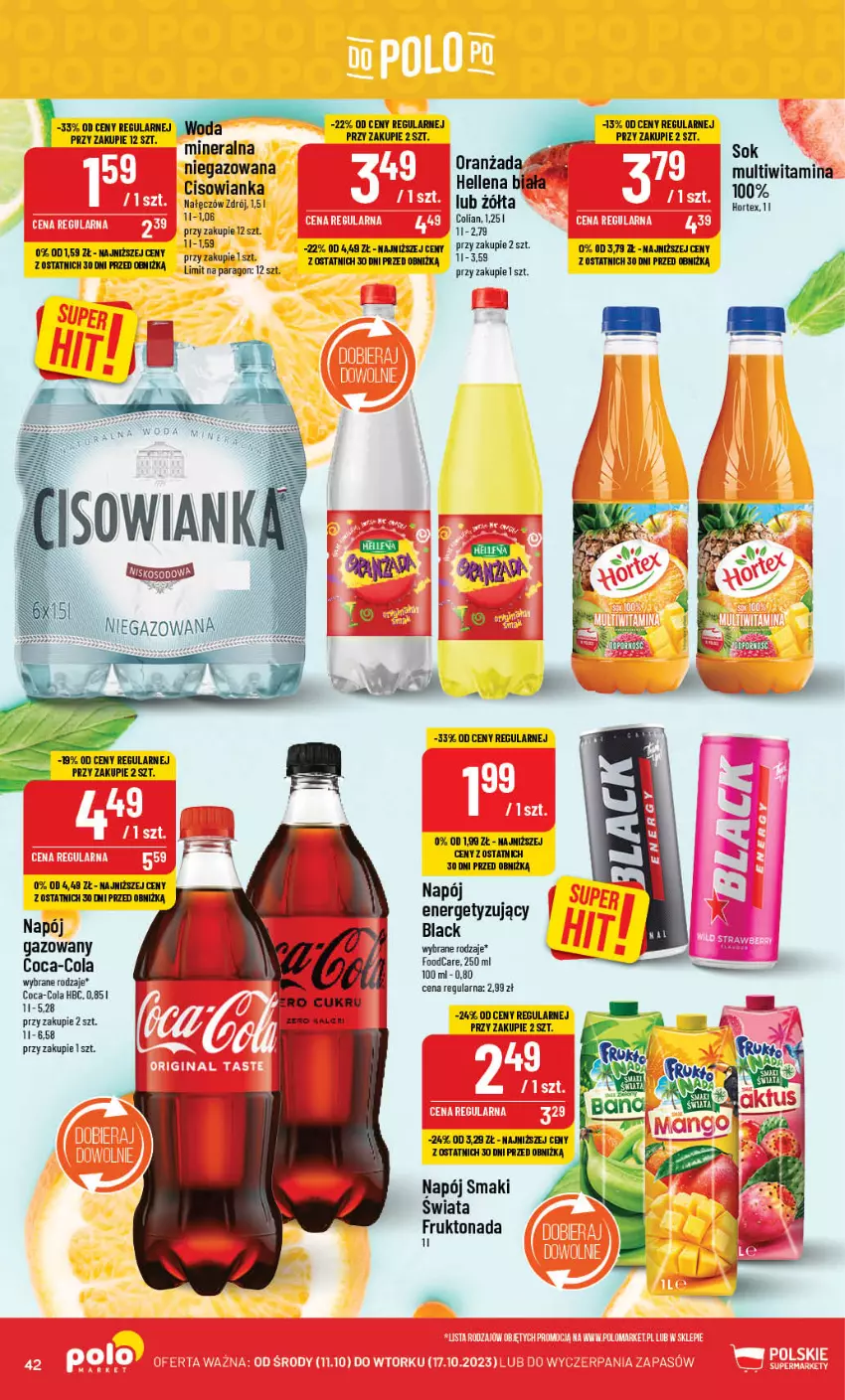 Gazetka promocyjna PoloMarket - Gazetka pomocyjna - ważna 11.10 do 17.10.2023 - strona 42 - produkty: Cisowianka, Coca-Cola, Hellena, Hortex, Lack, Napój, Oranżada, Sok