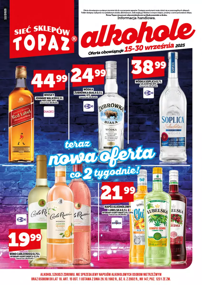Gazetka promocyjna Topaz - Gazetka - ważna 15.09 do 30.09.2025 - strona 3 - produkty: Carlo Rossi, Johnnie Walker, Napój, Top, Whisky, Wino, Wódka