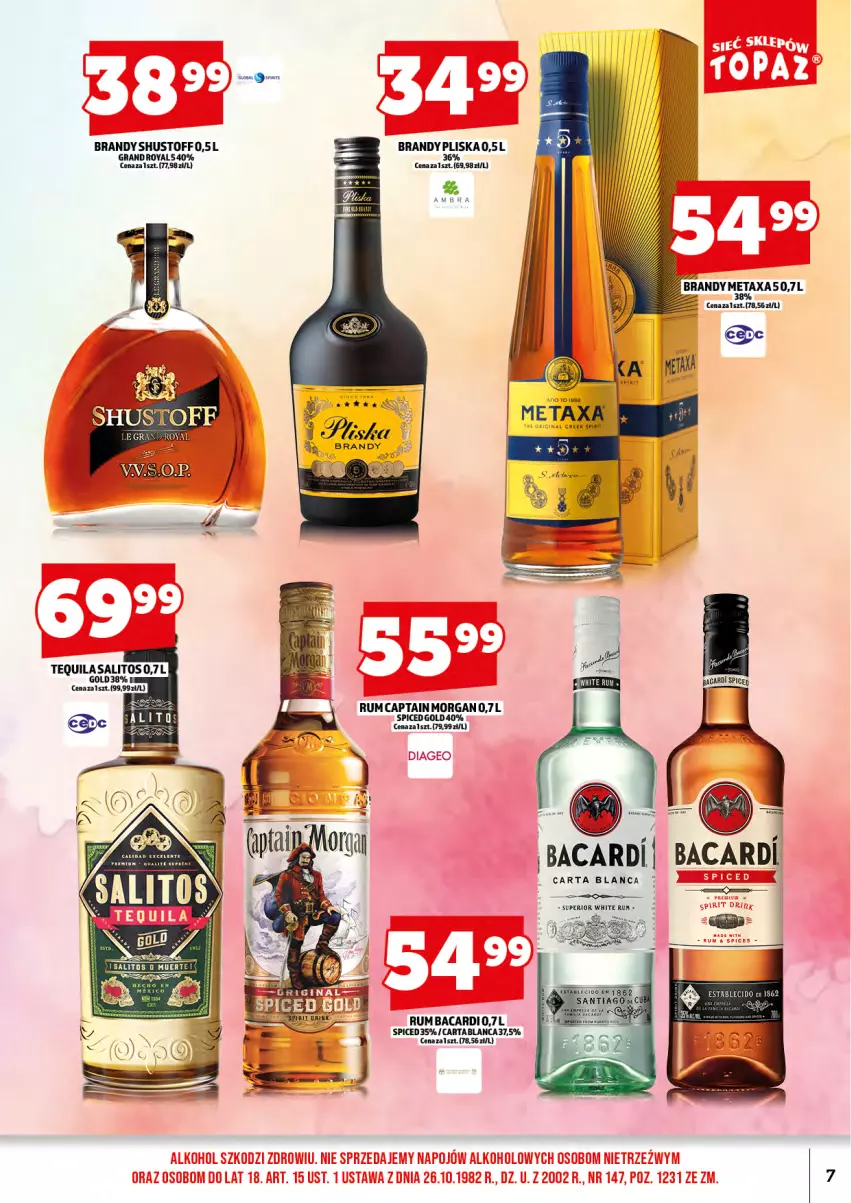 Gazetka promocyjna Topaz - Gazetka - ważna 15.09 do 30.09.2025 - strona 9 - produkty: Bacardi, Brandy, Captain Morgan, Gra, Metaxa, Pliska, Rum, Tequila