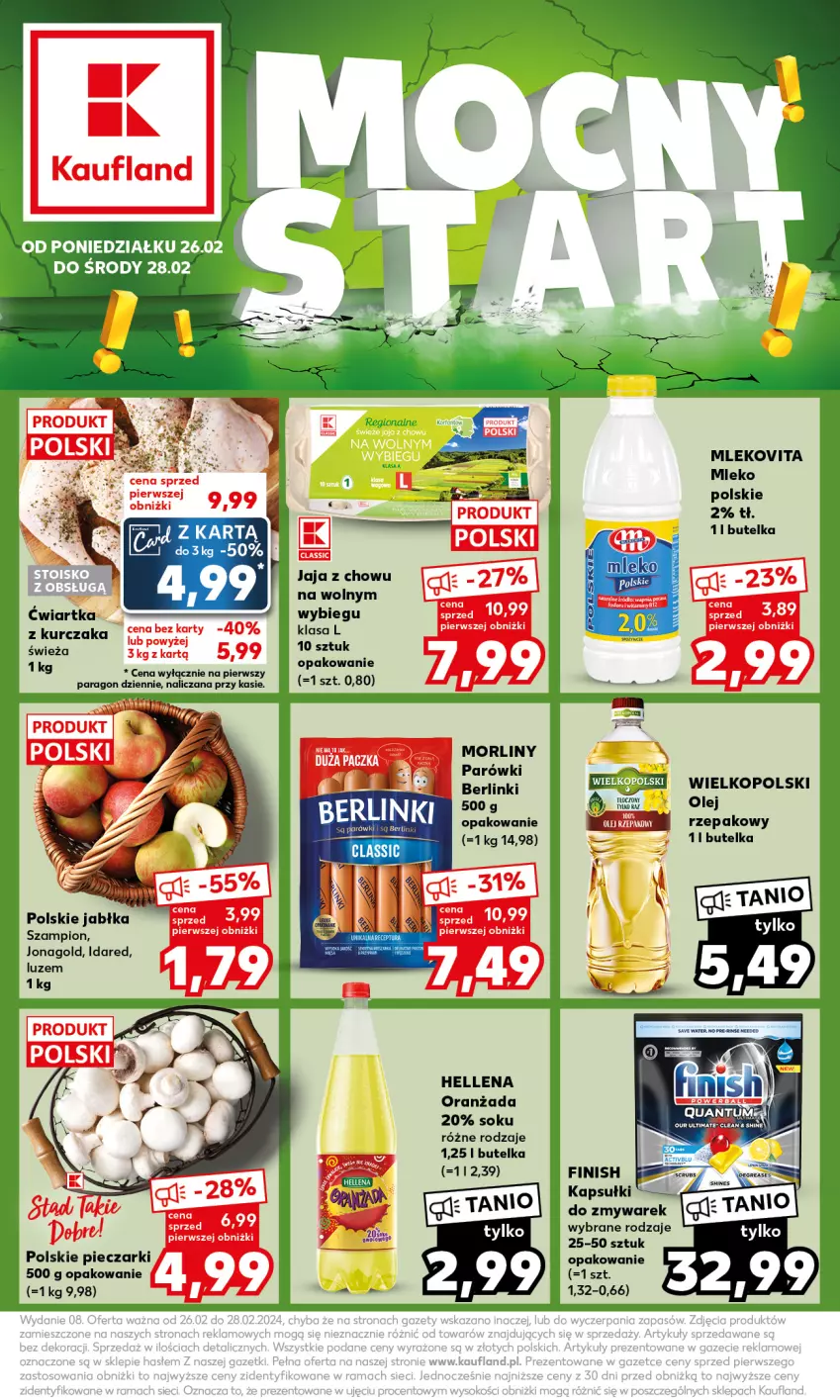 Gazetka promocyjna Kaufland - Mocny Start - ważna 26.02 do 28.02.2024 - strona 1 - produkty: Berlinki, Finish, Hellena, Jabłka, Jaja, Jonagold, Kurczak, Mleko, Mlekovita, Morliny, Olej, Oranżada, Parówki, Piec, Sok, Szampion