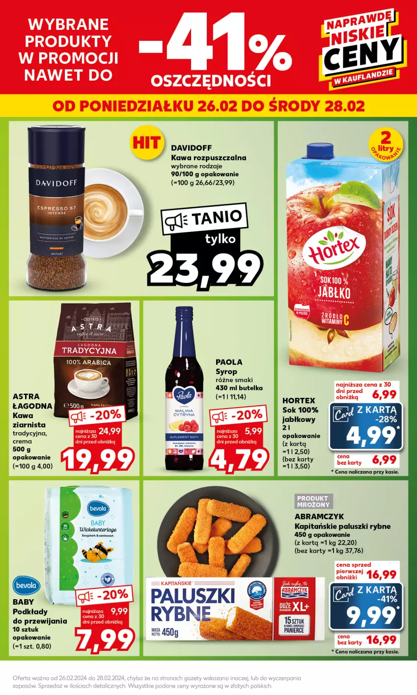 Gazetka promocyjna Kaufland - Mocny Start - ważna 26.02 do 28.02.2024 - strona 13 - produkty: Davidoff, Hortex, Kawa, Kawa rozpuszczalna, Kawa ziarnista, Paluszki rybne, Paola, Podkład, Sok, Syrop