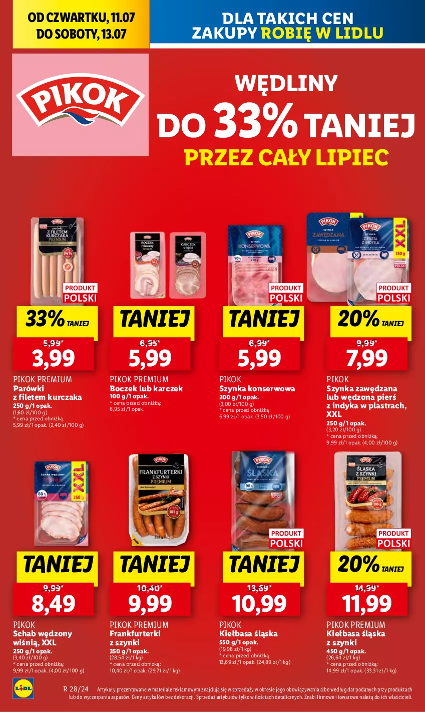 Gazetka promocyjna Lidl - GAZETKA - ważna 11.07 do 13.07.2024 - strona 14 - produkty: Boczek, Frankfurterki, Kiełbasa, Kiełbasa śląska, Kurczak, Parówki, Piec, PIKOK, Ser, Szynka, Szynka konserwowa