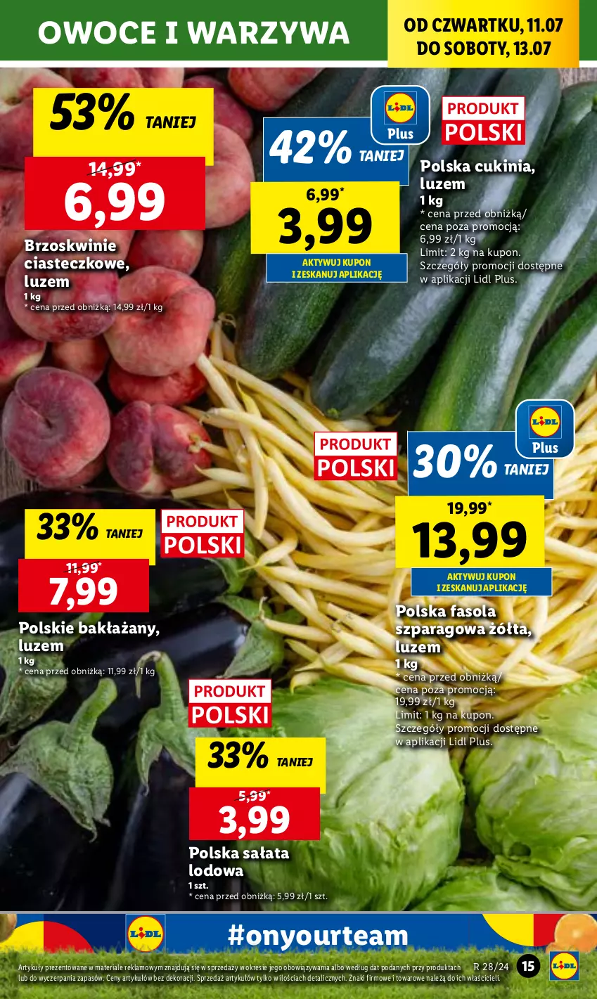 Gazetka promocyjna Lidl - GAZETKA - ważna 11.07 do 13.07.2024 - strona 19 - produkty: Brzoskwinie, Fa, Fasola, Fasola szparagowa, Owoce, Sałat, Sałata lodowa, Warzywa