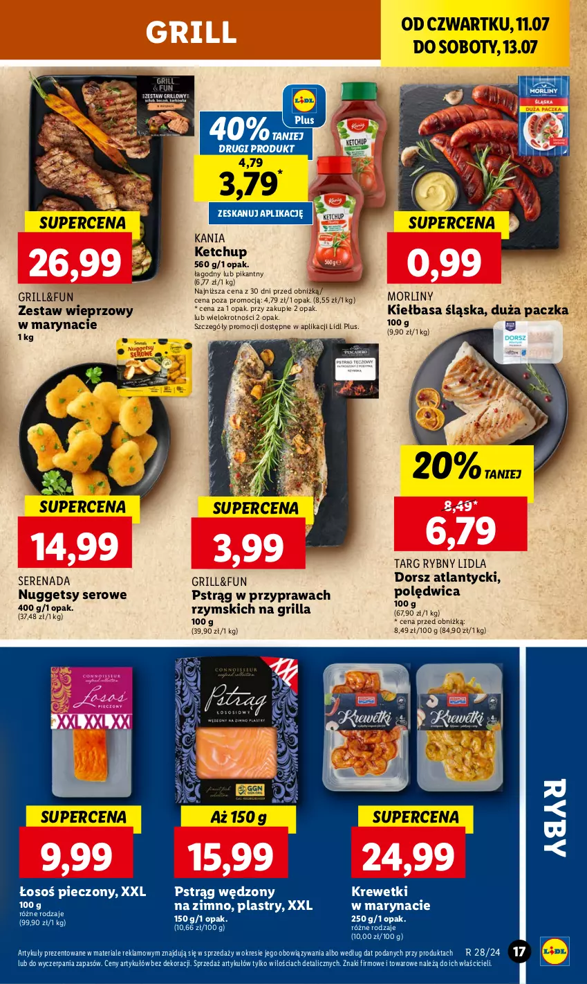 Gazetka promocyjna Lidl - GAZETKA - ważna 11.07 do 13.07.2024 - strona 21 - produkty: Dorsz, Grill, Ketchup, Kiełbasa, Kiełbasa śląska, Krewetki, Morliny, Piec, Polędwica, Pstrąg, Pstrąg wędzony, Ser