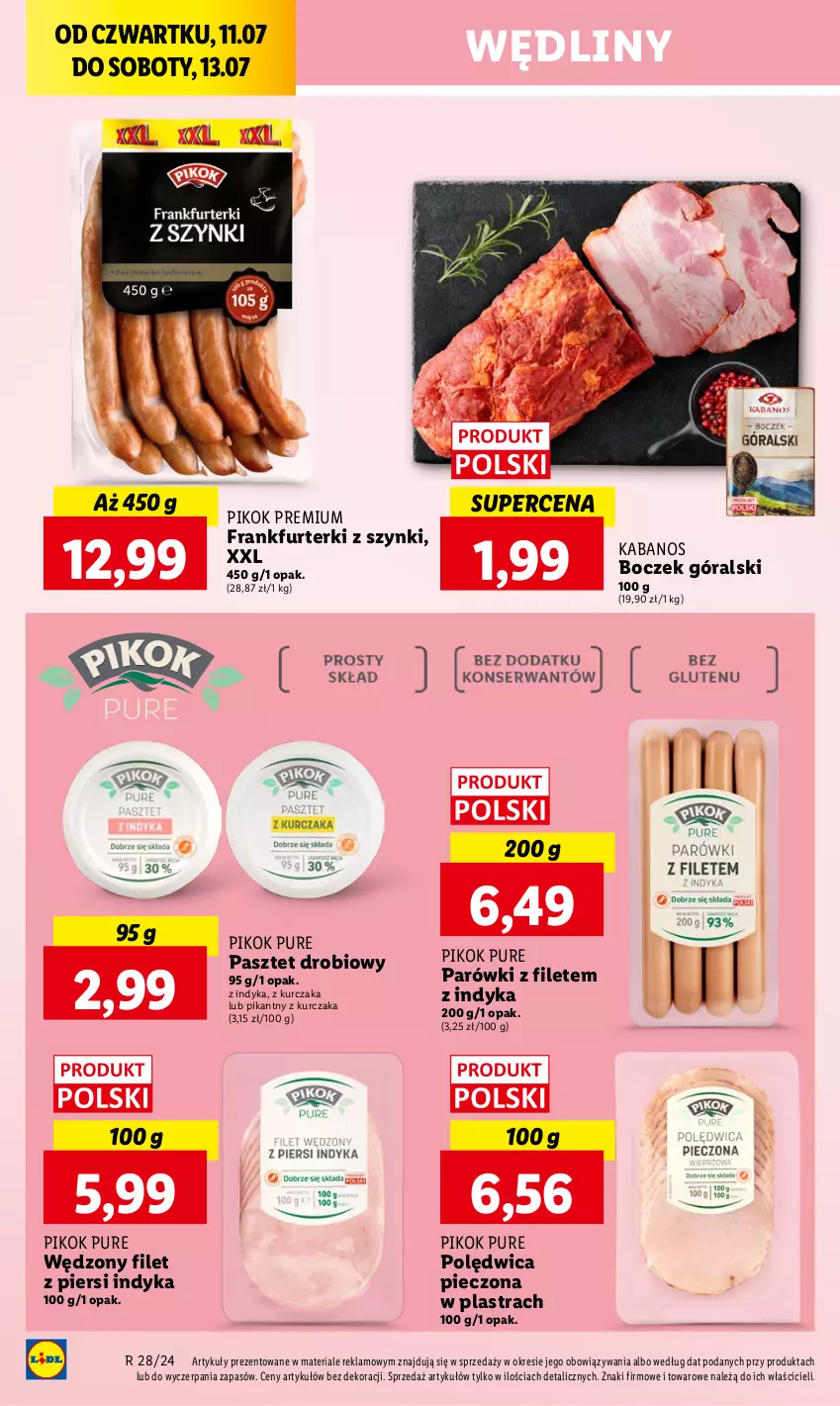 Gazetka promocyjna Lidl - GAZETKA - ważna 11.07 do 13.07.2024 - strona 24 - produkty: Boczek, Filet z piersi indyka, Frankfurterki, Kabanos, Kurczak, Parówki, Pasztet, Piec, PIKOK, Polędwica, Pur