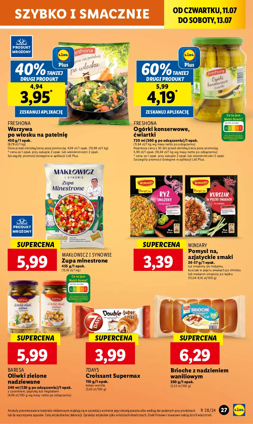 Gazetka promocyjna Lidl - GAZETKA - ważna 11.07 do 13.07.2024 - strona 35 - produkty: Croissant, Kakao, Kurczak, Makaron, Ogórki konserwowe, Oliwki, Oliwki zielone, Ryż, Ser, Warzywa, Winiary, Zupa