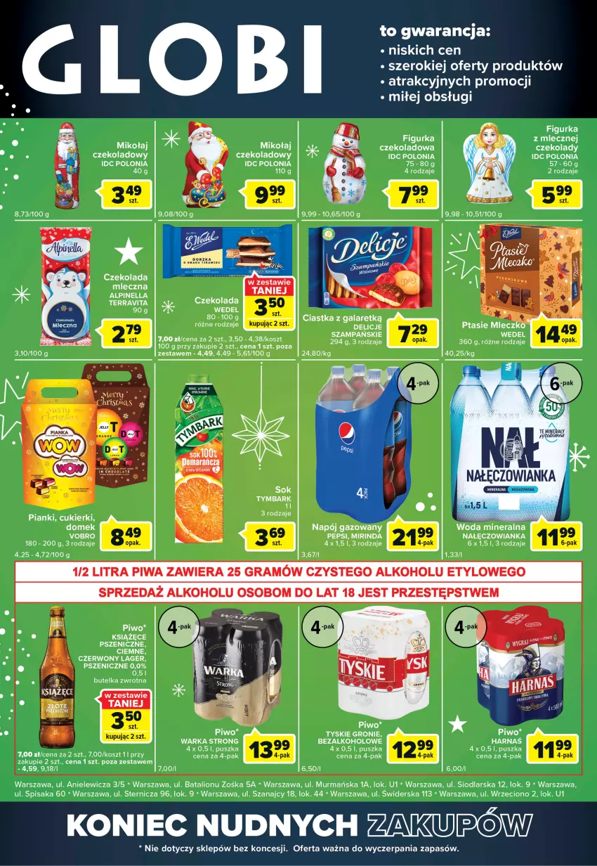 Gazetka promocyjna Carrefour - Gazetka Globi - ważna 20.12 do 24.12.2022 - strona 2 - produkty: Cukier, Cukierki, Czekolada, Delicje, Kosz, Książęce, Lion, Mirinda, Mleczko, Nałęczowianka, Napój, Napój gazowany, Pepsi, Ptasie mleczko, Sok, Tymbark, Tyskie, Warka, Woda, Woda mineralna