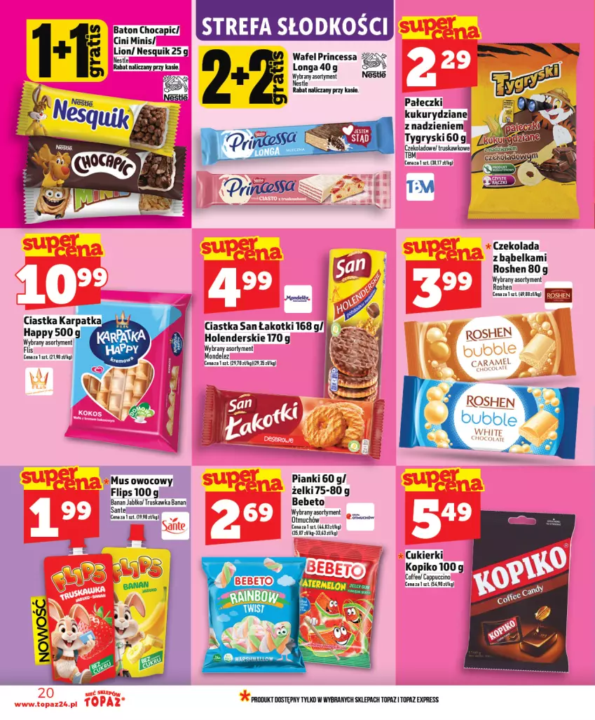 Gazetka promocyjna Topaz - Gazetka - ważna 09.04 do 15.04.2026 - strona 20 - produkty: Baton, Cappuccino, Ciastka, Cini Minis, Cukier, Cukierki, Czekolada, Fa, Gry, Lion, Mus, Nesquik, Princessa, Sante, Top