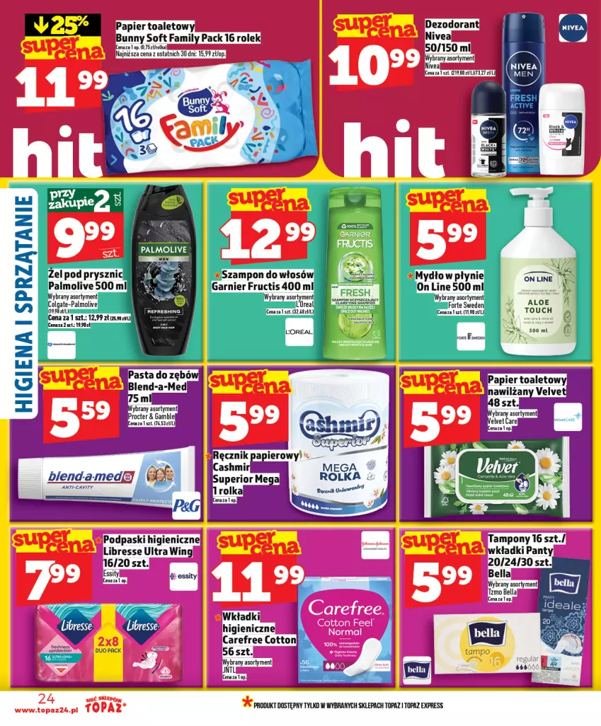 Gazetka promocyjna Topaz - Gazetka - ważna 09.04 do 15.04.2026 - strona 24 - produkty: Bell, Bella, Carefree, Dezodorant, Fa, LG, Nivea, Palmolive, Papier, Papier toaletowy, Podpaski, Sprzątanie, Tampony, Top, Wkładki