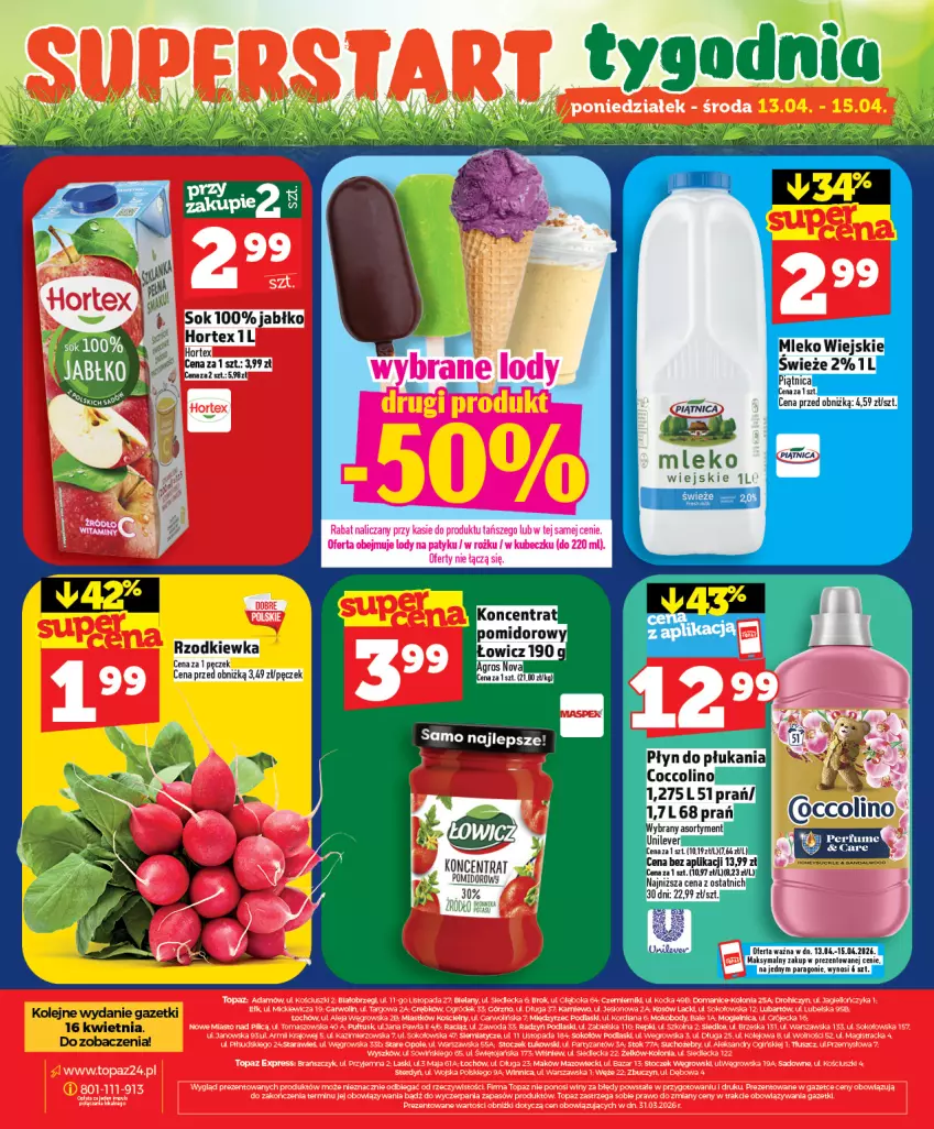 Gazetka promocyjna Topaz - Gazetka - ważna 09.04 do 15.04.2026 - strona 28 - produkty: Coccolino, Koc, Koncentrat pomidorowy, Mleko, Piątnica, Podlaski, Sok, Top, Woda