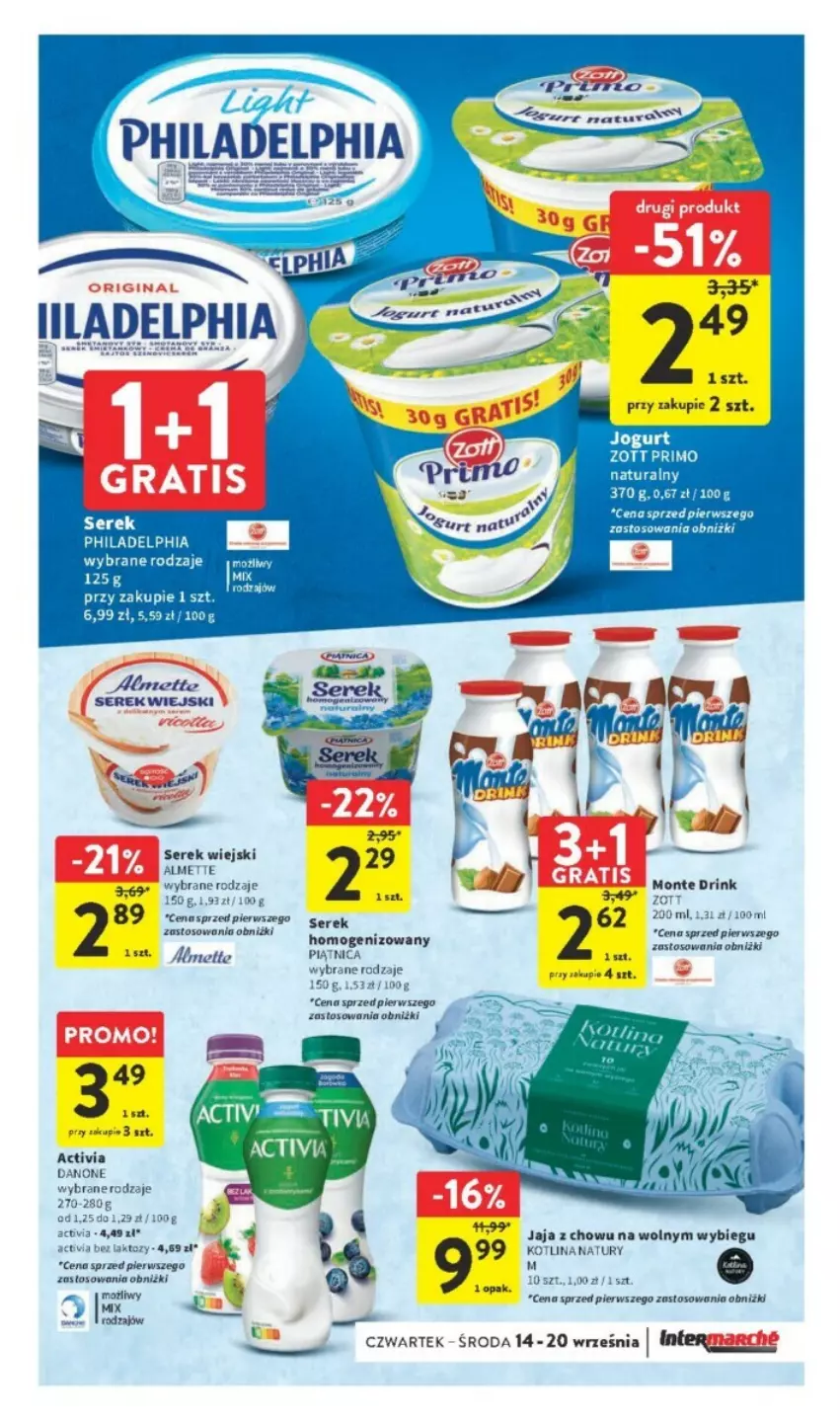 Gazetka promocyjna Intermarche - ważna 14.09 do 20.09.2023 - strona 18 - produkty: Almette, Jaja, Kotlin, Monte, Piątnica, Ser, Serek, Serek wiejski, Zott