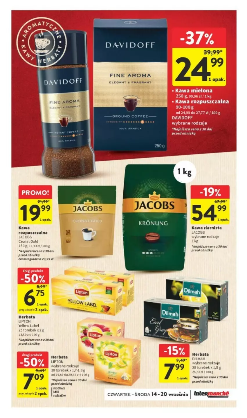 Gazetka promocyjna Intermarche - ważna 14.09 do 20.09.2023 - strona 20 - produkty: Davidoff, Dilmah, Gra, Herbata, Jacobs, Kawa, Kawa ziarnista, Lipton