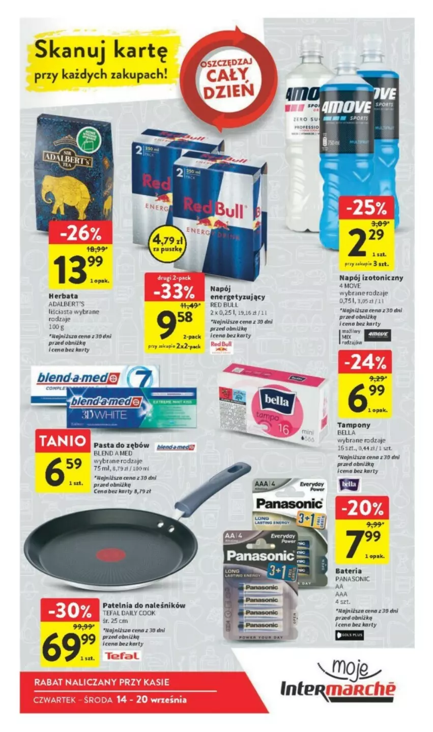 Gazetka promocyjna Intermarche - ważna 14.09 do 20.09.2023 - strona 3 - produkty: Bateria, Bell, Bella, Fa, Herbata, Napój, Napój izotoniczny, Panasonic, Pasta do zębów, Patelnia, Red Bull, Tampony, Tefal