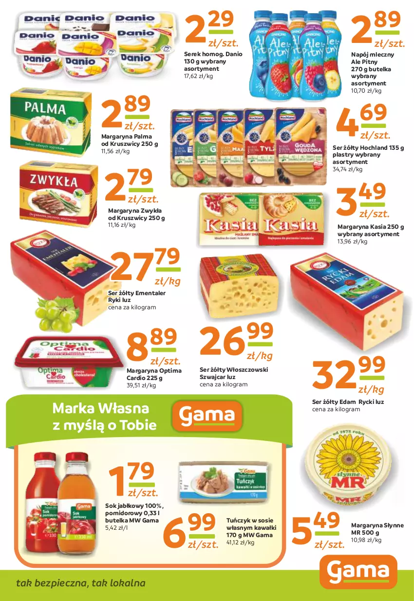 Gazetka promocyjna Gama - Gazetka Gama - ważna 05.06.2023 do 25.05.2024 - strona 7 - produkty: Danio, Edam, Ementaler, Gra, Hochland, Kasia, Kawa, Margaryna, Napój, Napój mleczny, Optima, Optima Cardio, Palma, Piec, Ser, Serek, Słynne, Sok, Sok jabłkowy, Sos, Tuńczyk, Włoszczowski