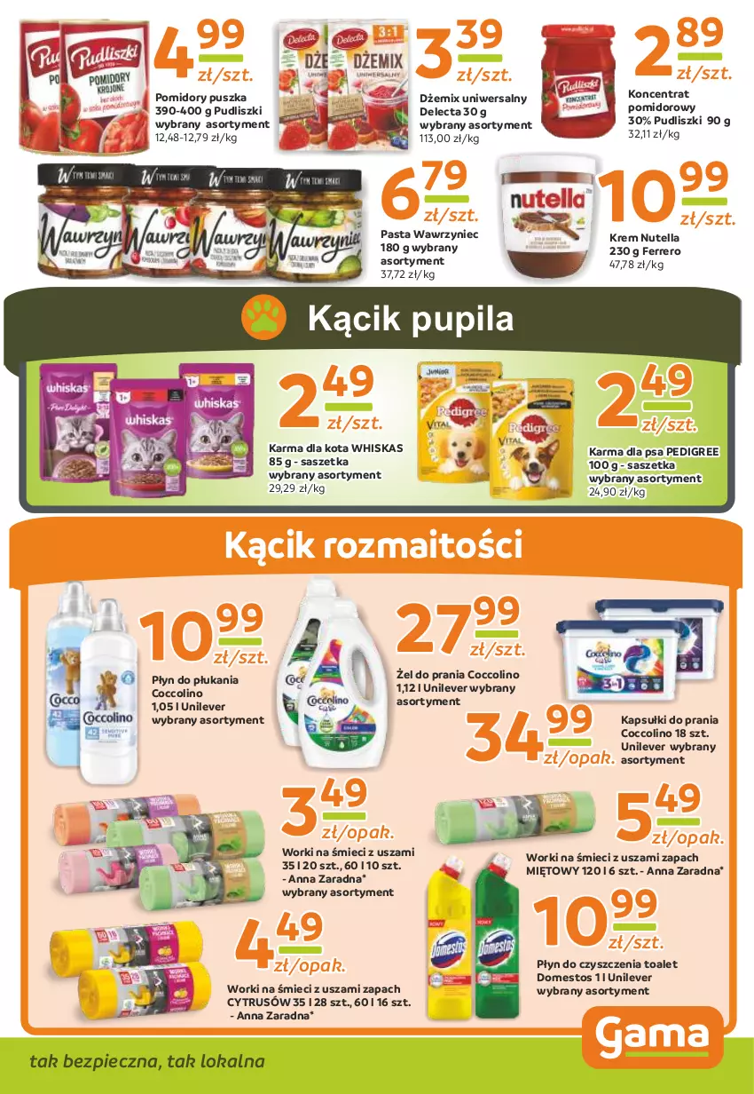 Gazetka promocyjna Gama - Gazetka Gama - ważna 05.06.2023 do 25.05.2024 - strona 9 - produkty: Coccolino, Delecta, Domestos, Dżem, Ferrero, Kapsułki do prania, Koncentrat pomidorowy, Nutella, Pedigree, Piec, Płyn do płukania, Pomidory, Pudliszki, Whiskas, Worki na śmiec, Worki na śmieci