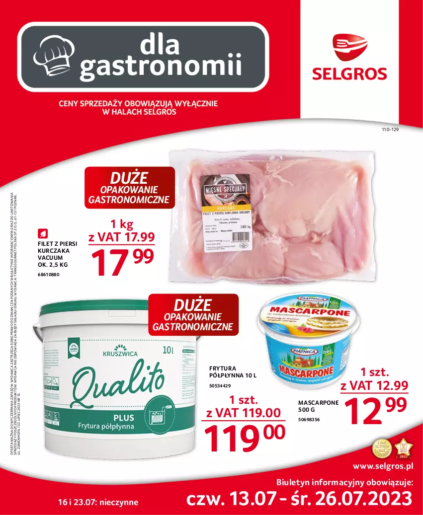 Gazetka promocyjna Selgros - Oferta gastronomiczna - ważna 13.07 do 26.07.2023 - strona 1 - produkty: Fa, Filet z piersi kurczaka, Kurczak, LG, Mascarpone, Piec, Tran