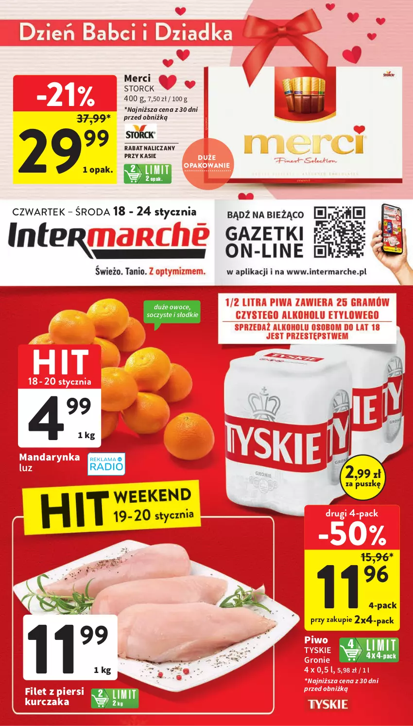 Gazetka promocyjna Intermarche - Gazetka Intermarche - ważna 18.01 do 24.01.2024 - strona 1 - produkty: Filet z piersi kurczaka, Kurczak, Merci, Owoce, Piwo, Tyskie