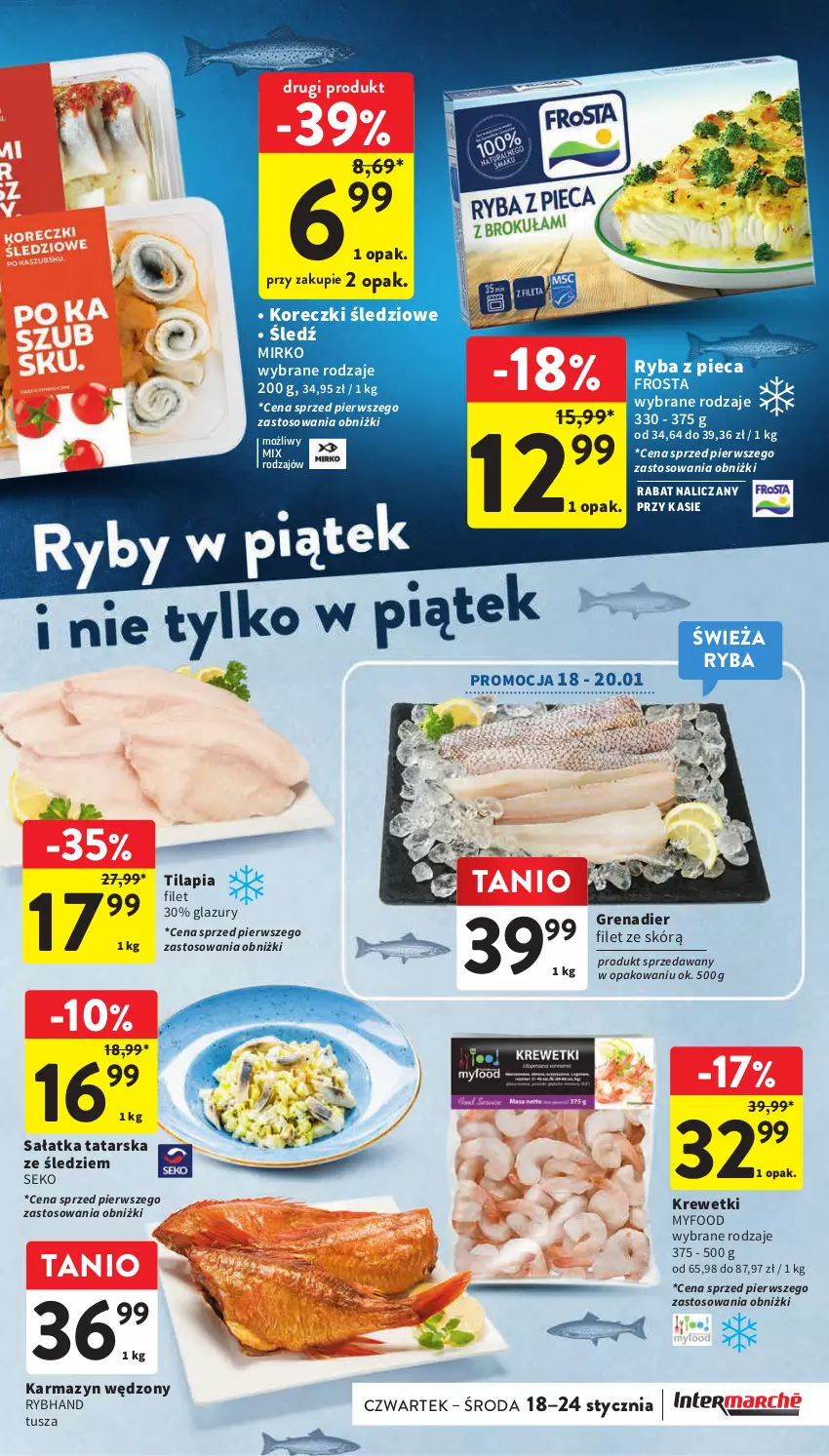 Gazetka promocyjna Intermarche - Gazetka Intermarche - ważna 18.01 do 24.01.2024 - strona 27 - produkty: Frosta, Grenadier, Karmazyn wędzony, Koreczki śledziowe, Krewetki, Lazur, Piec, Ryba, Sałat, Sałatka, SEKO, Tilapia, Tusz