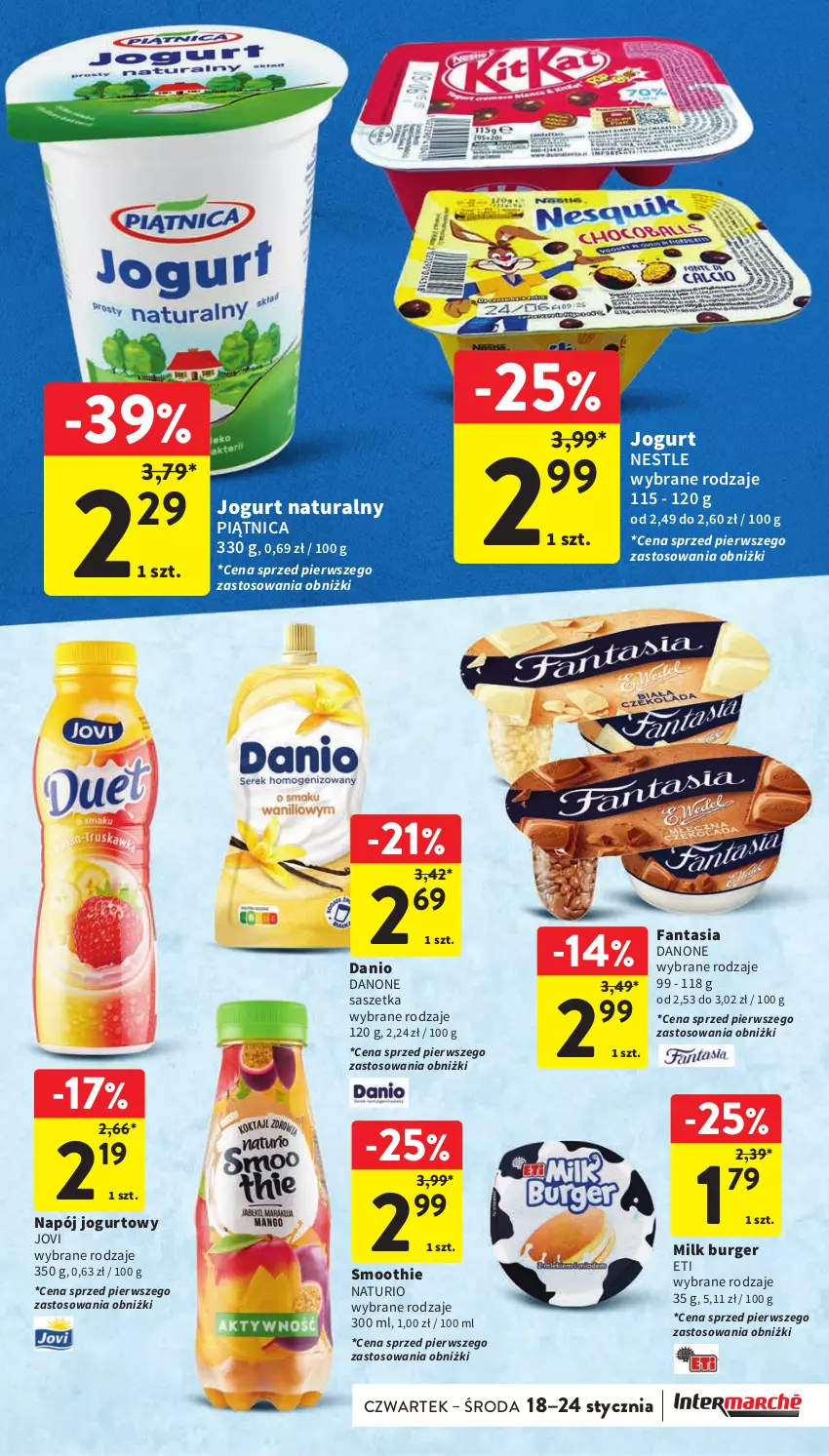 Gazetka promocyjna Intermarche - Gazetka Intermarche - ważna 18.01 do 24.01.2024 - strona 31 - produkty: Burger, Danio, Danone, Fa, Fanta, Jogurt, Jogurt naturalny, Napój, Napój jogurtowy, Piątnica, Smoothie