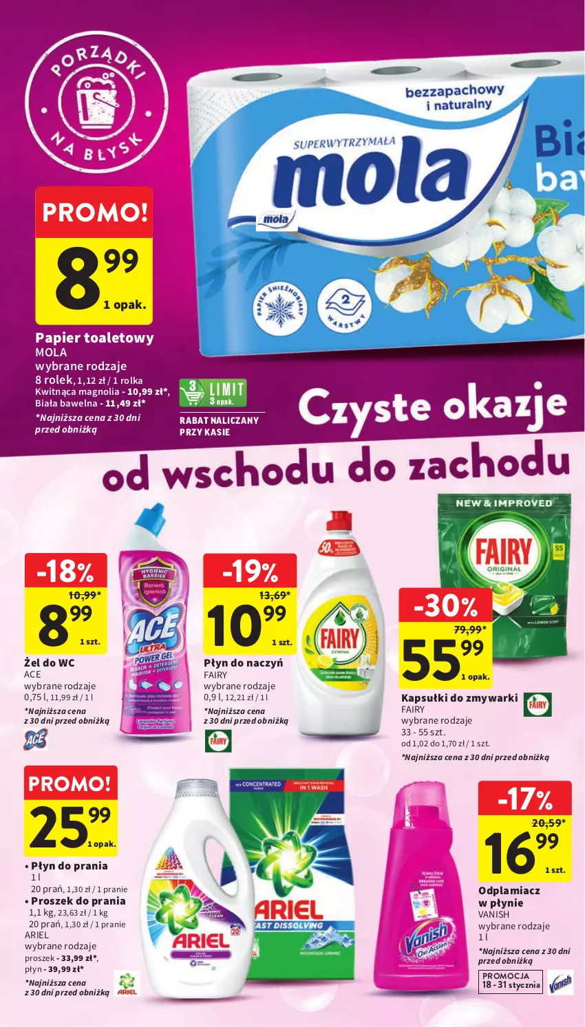 Gazetka promocyjna Intermarche - Gazetka Intermarche - ważna 18.01 do 24.01.2024 - strona 38 - produkty: Ariel, Fa, Fairy, Mola, Odplamiacz, Papier, Papier toaletowy, Płyn do prania, Proszek do prania, Vanish, Zmywarki