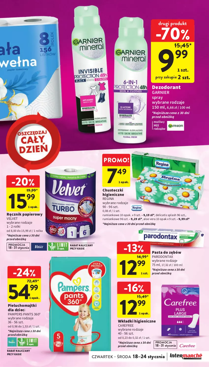 Gazetka promocyjna Intermarche - Gazetka Intermarche - ważna 18.01 do 24.01.2024 - strona 39 - produkty: Aloe vera, Carefree, Chusteczki, Dezodorant, Dzieci, Garnier, Gin, Majtki, Pampers, Papier, Parodontax, Pasta do zębów, Pieluchomajtki, Ręcznik, Rolki, Rum, Velvet, Wkładki