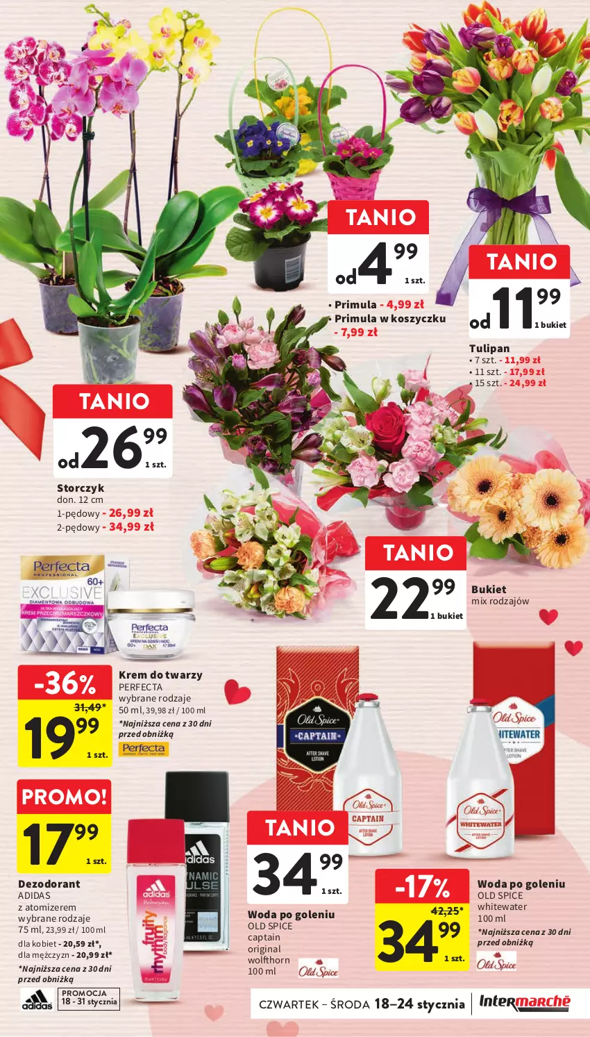 Gazetka promocyjna Intermarche - Gazetka Intermarche - ważna 18.01 do 24.01.2024 - strona 9 - produkty: Adidas, Bukiet, Dezodorant, Gin, Kosz, Krem do twarzy, Old Spice, Perfecta, Primula, Storczyk, Tulipan, Woda, Woda po goleniu