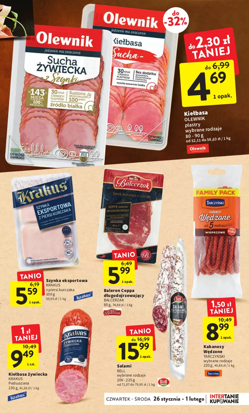 Gazetka promocyjna Intermarche - Gazetka Intermarche - ważna 26.01 do 01.02.2023 - strona 15 - produkty: Bell, Kabanos, Kiełbasa, Krakus, Kurczak, Olewnik, Por, Salami, Sport, Szynka, Tarczyński