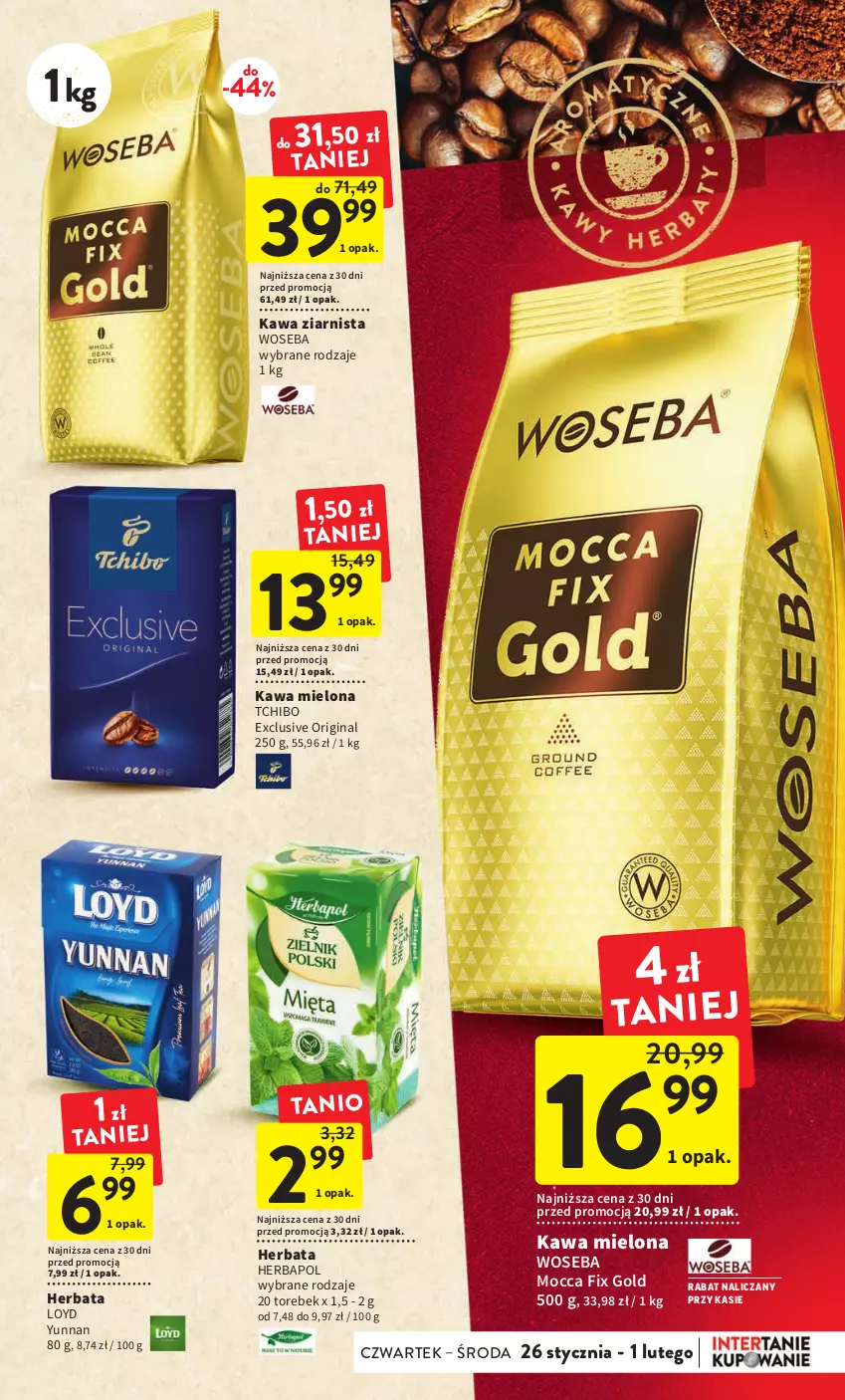 Gazetka promocyjna Intermarche - Gazetka Intermarche - ważna 26.01 do 01.02.2023 - strona 25 - produkty: Gin, Herbapol, Herbata, Kawa, Kawa mielona, Kawa ziarnista, Loyd, Mocca Fix Gold, Tchibo, Woseba