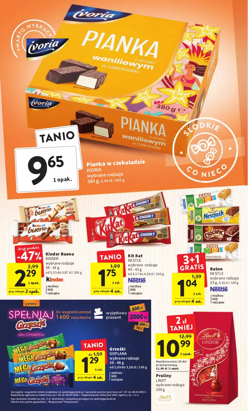 Gazetka promocyjna Intermarche - Gazetka Intermarche - ważna 26.01 do 01.02.2023 - strona 26 - produkty: Baton, Goplana, Grześki, Kinder, Kinder Bueno, Kit Kat, LANA, Lindt, Pianka w czekoladzie, Praliny