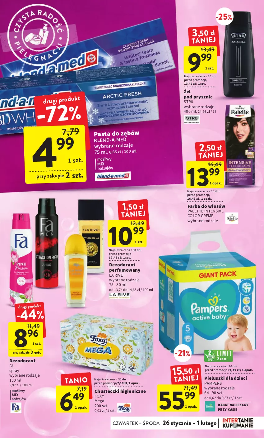 Gazetka promocyjna Intermarche - Gazetka Intermarche - ważna 26.01 do 01.02.2023 - strona 33 - produkty: Blend-a-Med, Chusteczki, Color Creme, Dezodorant, Dzieci, Fa, Farba do włosów, Foxy, La Rive, Palette, Pampers, Pasta do zębów, Perfum, Str8