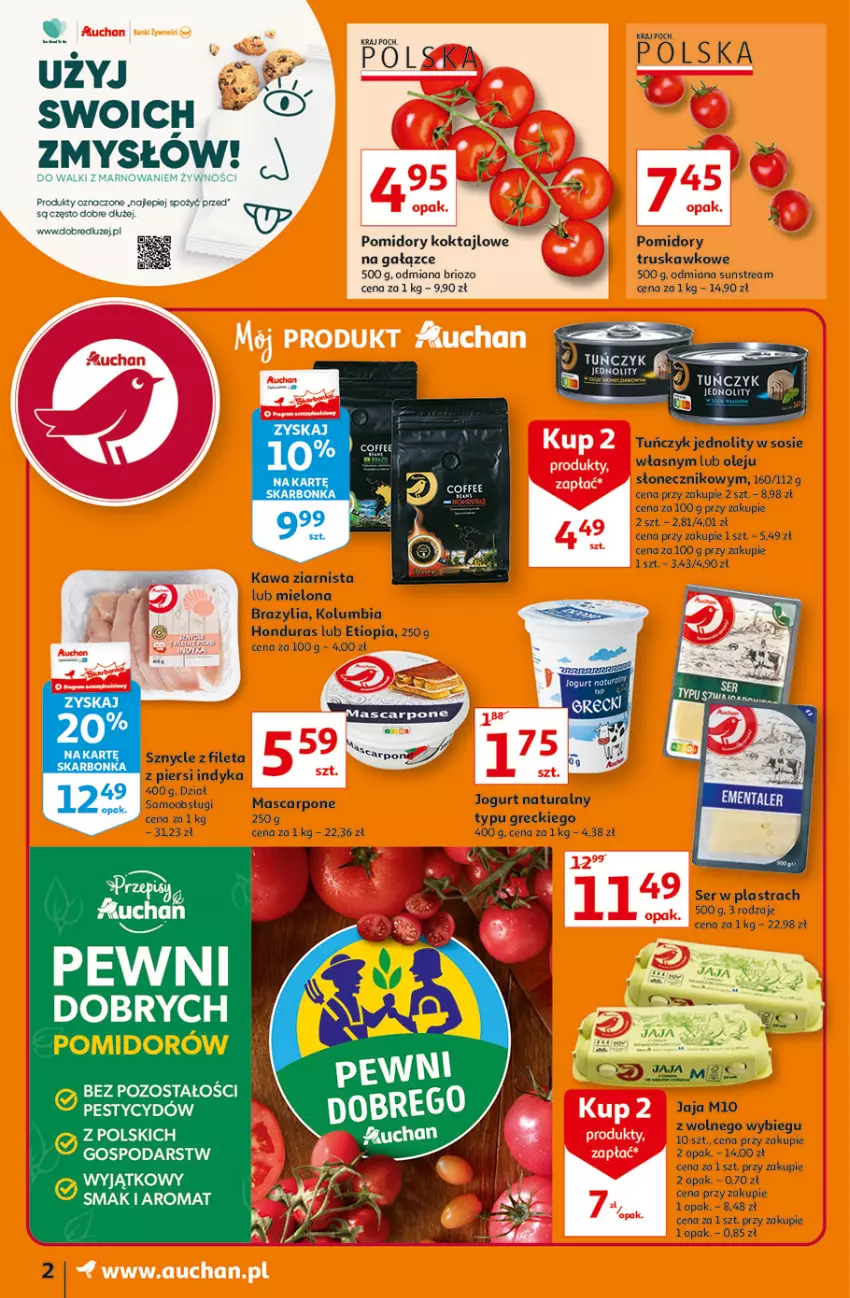 Gazetka promocyjna Auchan - Oszczędzanie z markami Auchan Moje Auchan - ważna 30.09 do 06.10.2021 - strona 2 - produkty: Jaja, Jogurt, Jogurt naturalny, Kawa, Kawa ziarnista, Mascarpone, Olej, Pomidory, Ser, Sos, Tuńczyk