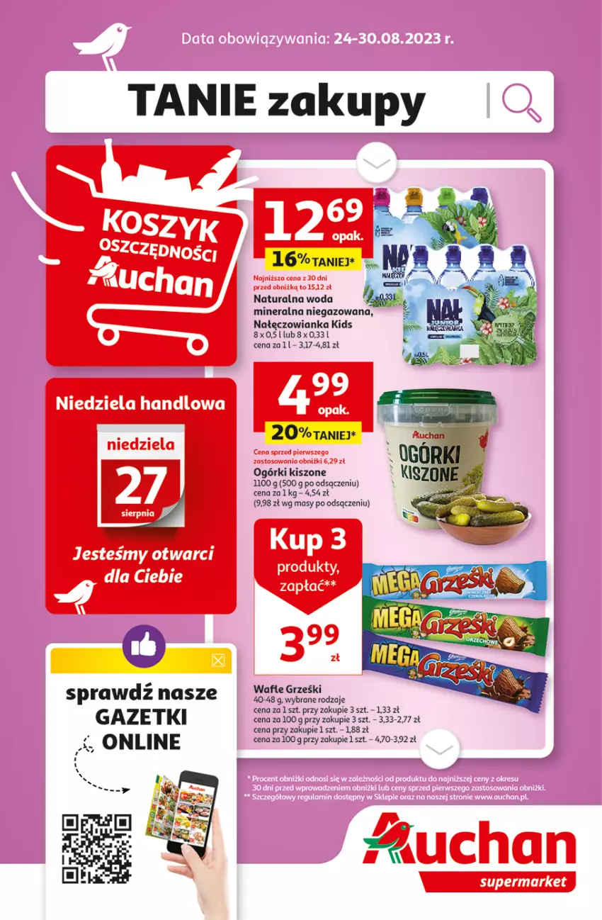 Gazetka promocyjna Auchan - Gazetka TANIE zakupy Supermarket Auchan - ważna 24.08 do 30.08.2023 - strona 1 - produkty: Grześki, Nałęczowianka, Wafle, Woda